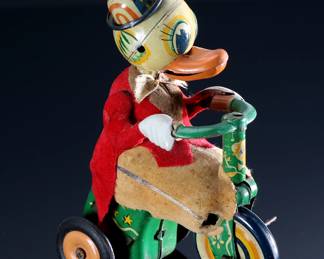 Vintage ALPS Quacky Duck on Tricycle Japanese Litho Tin Toy Bicycle 	6.53x5in	196103
