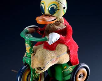Vintage ALPS Quacky Duck on Tricycle Japanese Litho Tin Toy Bicycle 	6.53x5in	196103
