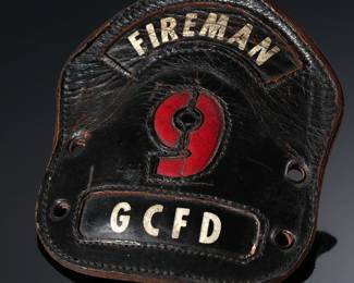 Vintage Leather Firefighter Helmet Shield Patch GCFD Fireman 9 Fire Department Garden City New York 	5.4x4.9in	199094
