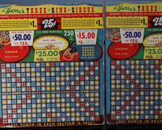 Lot of 2 Vintage Punchboards Gambling Punch Boards Harry’s Three Ring Circus Trade Stimulators 	14.75x13in 	196011
