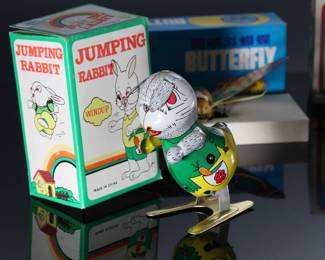 Lot of 6 Vintage Wind-Up Tin Litho Toys in Box - Blic Jumping Rabbit - Seal Playing Ball - Jumping Dog - Butterfly - Clown Riding Scooter	6 x 5 x 3 in largest box	198035
