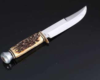 Hoffritz NY Vintage Bowie Knife Stag Handle With Sheath Made in Germany 	Knife: 9.1in Blade: 5.15in<BR>In Sheath: 9.45in	199034
