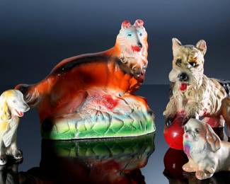 Lot of 4 Vintage Carnival Chalkware Dog Figure Statues - Lassie Collie - Scottie Terrier - Pekingese - Retriever	Scottie 9x5x8 in - Collie 10x11x3 in - Pekingese 4.5x3x6.5 in - Retriever 6x3x6.5 in	198040
