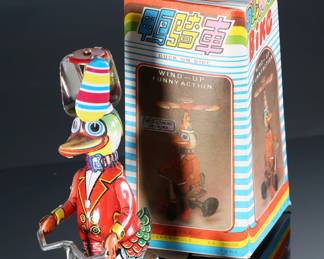 Lot of 8 Vintage Tin Litho Wind-Up Toys - Rocket Ride Carousel - Clockwork Ice Cream Vender - Duck on Bike - Motorcycle - Panda - Frog - Bird	8.5x4x4 in largest box	198036
