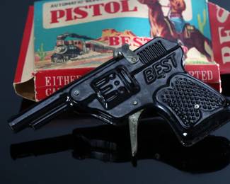 1950s Vintage Japanese Tin Toy Cap Gun BEST Brand Automatic Repeating Pistol SSS Toys Japan 	3x5x1in	196071
