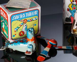 Lot of 6 Vintage Wind-Up Tin Litho Toys in Box - Blic Jumping Rabbit - Seal Playing Ball - Jumping Dog - Butterfly - Clown Riding Scooter	6 x 5 x 3 in largest box	198035
