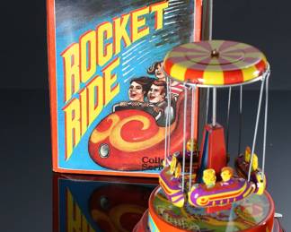 Lot of 8 Vintage Tin Litho Wind-Up Toys - Rocket Ride Carousel - Clockwork Ice Cream Vender - Duck on Bike - Motorcycle - Panda - Frog - Bird	8.5x4x4 in largest box	198036
