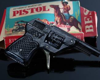 1950s Vintage Japanese Tin Toy Cap Gun BEST Brand Automatic Repeating Pistol SSS Toys Japan 	3x5x1in	196071
