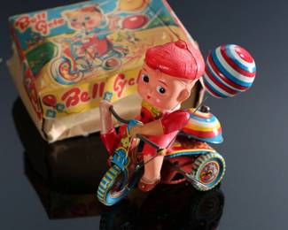 Vintage Japanese Suzuki TS-753 Celluloid/Tin Wind-Up Toy Bell Cycle In Box 	Box: 2.5x3.75x5in	196145
