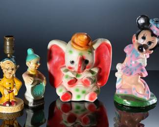 Lot of 4 Vintage Carnival Chalkware Disney Character Figure Statues - Dopey Lamp & Bank - Dumbo - Minnie Mouse	Minnie 12x6x6 in - Dopey Bank 8x4x3 in - Dopey Lamp 10x4x4 in - Dumbo 10x9x6 	198043
