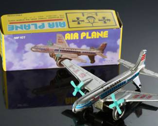 Lot of 7 Vintage Wind-Up Tin Litho Toys in Box - Schylling Graf Zeppelin - Flying Lion Racing Car - Clockwork Motorcycle with Sidecar - Airplanes - Russian Train Station	3 x 10 x 5 in largest box	198032
