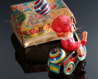 Vintage Japanese Suzuki TS-753 Celluloid/Tin Wind-Up Toy Bell Cycle In Box 	Box: 2.5x3.75x5in	196145
