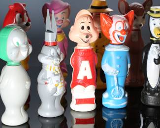 Lot of 14 1960s Vintage Colgate-Palmolive "SOAKY" Character Bath Bubble Bottles Figures 		196179

