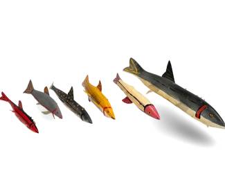 Lot of 6 Large SD Sherman Dewey Carved Wood Fish Decoy Folk Art decoys 		196246

