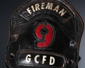 Vintage Leather Firefighter Helmet Shield Patch GCFD Fireman 9 Fire Department Garden City New York 	5.4x4.9in	199094
