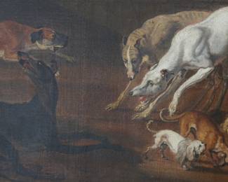 Antique Original Oil Painting Feeding of the Dogs Abraham Hondius Framed Art 	Artwork: 24x30in<BR>Frame: 31x38x3in	289028
