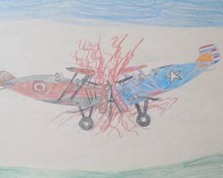 *Original* Folk Art Dwight Joe Bell Planes Crashing Crayon on Paper Painting 	Frame: 15.5x21.5in	196015
