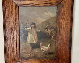 Painting of a young girl and her chicken