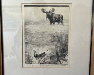R.H. Palenske moose etching, pencil signed  