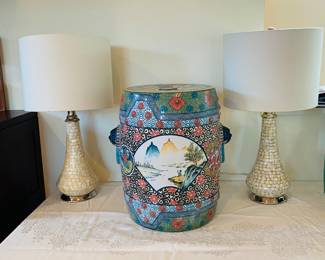 Capez lamps and porcelain bench