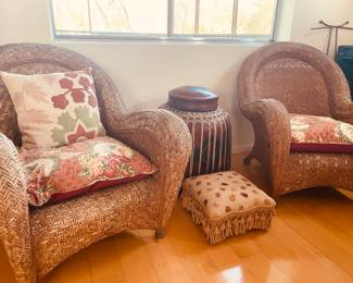 Pair rattan arm chairs , Vintage Thai rice vessel, meddle point stool insects