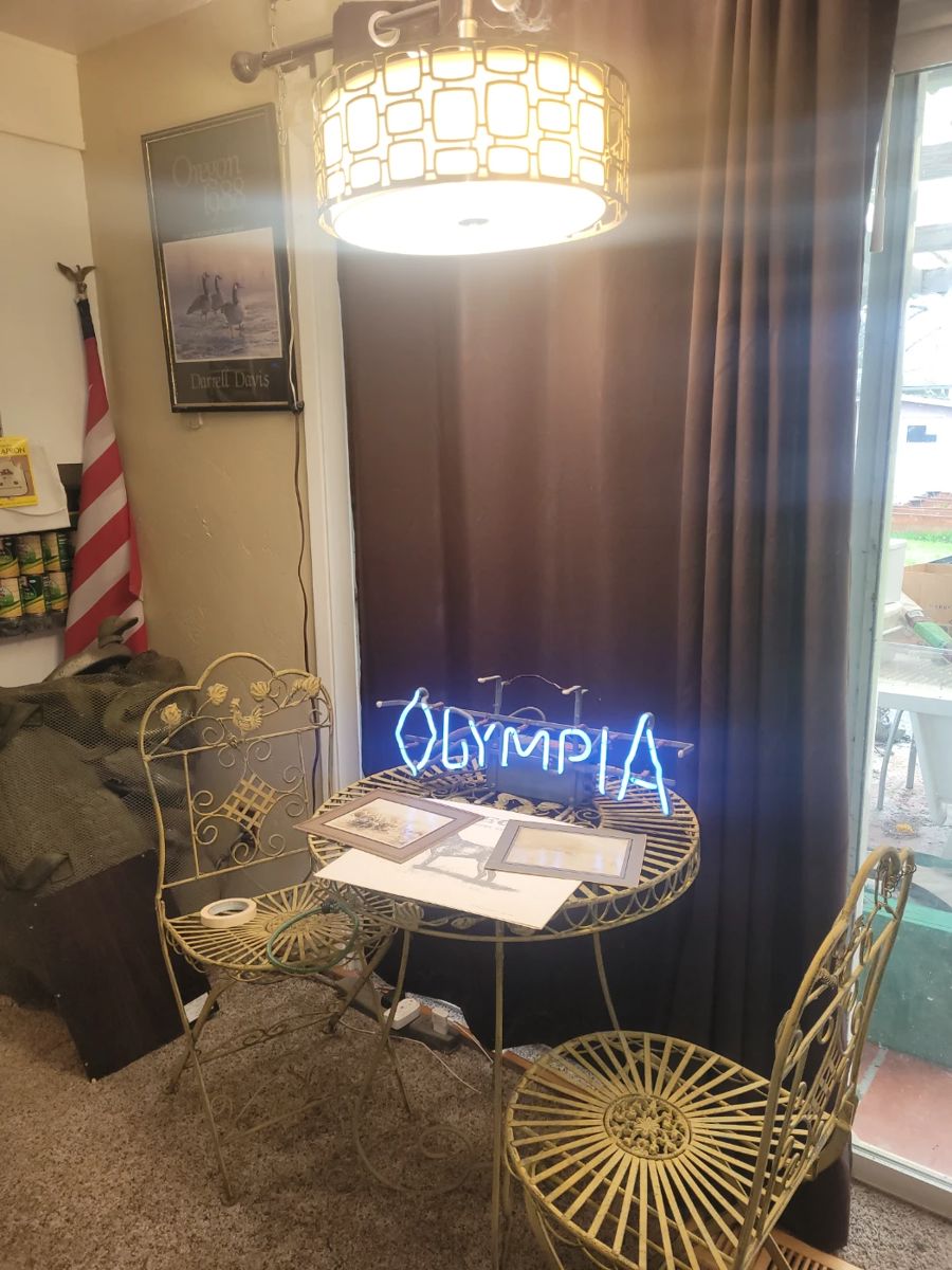 Very early Olympia beer sign. Vintage yellow rooster and daisy table and 2 chairs 