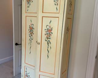 Antique oak wardrobe painted professionally with floral design, antique dolls