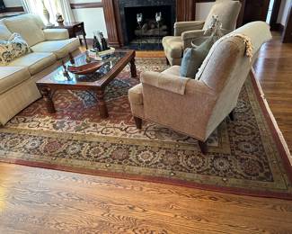 wrought iron coffee table, Schumacher area rug