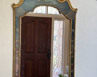 Chinoiserie painted gold gilt outlined framed mirror