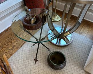 Tri arrow glass top table, mirrored pedestal table
