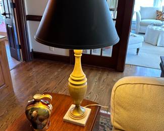 1950’s wooden lamp with leather shape.  One of two lamps