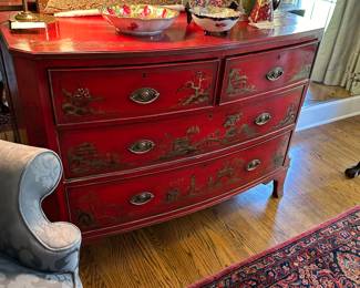 Hand painted red chinoiserie chest