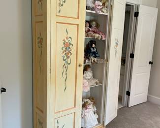 Antique oak wardrobe painted professionally with floral design, antique dolls