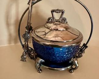Silver and blue glass with elephant feet, tongs and lid, bone bon or sugar cube caster, circa 1860-1880