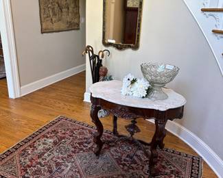 Persian rug, Turtle top parlor table, chinoiserie mirror, antique tapestry, dragon umbrella stand, canes