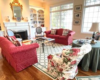 Camelback Sofas Reupholstered in Red Damask - Charles Stewart Company Hickory NC - 1 Sold 