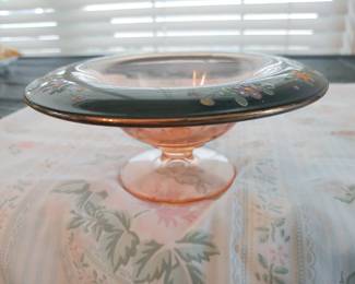 Pink Depression Compote with Underplate, decorated with black enamel rims with flower motif