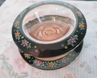 Pink Depression Compote with Underplate, decorated with black enamel rims with flower motif