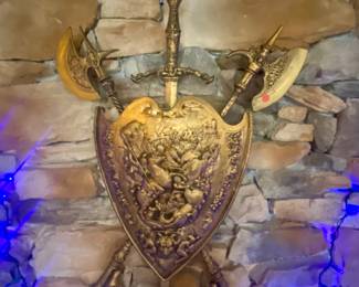 $25.00—Classic Coat of Arms - H36xW27. This is cast iron molded and Gold paste finished.  Impressive piece.