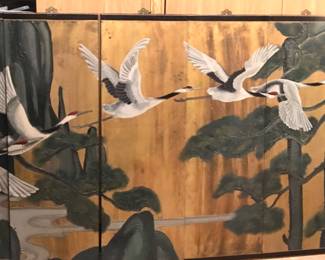$175.00 — W96xD1xH48 much less than its Market value. Each piece is hand-finished by Japanese panel painting much under market value. 
Add a touch of the East to your home decor with these exquisite wall plaques. W96” wide. Each wooden panel of 6 is individually crafted by an artisan in a lovely depiction of cranes set against a gold leaf background.  I have no other details.