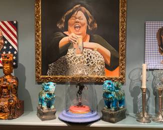 This pic is a great example of items at the sale Saturday 23rd. Foo Dogs $40 - Murano glass centaur with handmade display base and glass dome. A one-of-a-kind item. Exceptional item only $150. Candlesticks shown just $10 a pair.