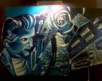 Title: Stalked in the French Quarter, H42xW64xD3.5 Artist Zade Ramsey $600. An example of the original artwork that will be found here during the sale. This particular one is canvas stretched on Masonite, The shape of this painting makes it even more attractive for a buyer. 