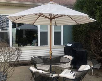 Metal Table, Chairs, Umbrella