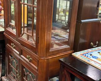 Mahogany Lattice Lighted Curio Cabinet, Solid Wood 