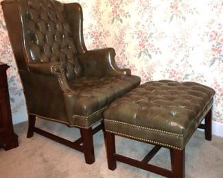 Hickory Chair Co. leather wingback w ottoman 