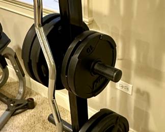 Troy Fitness 255 lb Rubber Grip Plates, shown with Weight Tree and Curl Bar.  