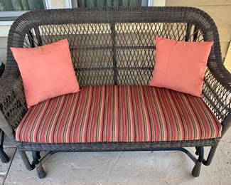 Wicker 3 Pc Set on Front Porch with Cushions.  View or Rocker without Cushions.  Checkout the Workmanship