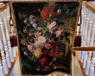 Bouquet Flamand French Tapestry with Hanging Rod and Tassels.  44" L x 31" W