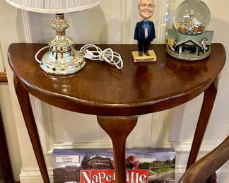 English 1920's  Antique Demi-Lune Table in Mahogany. Check-out Mayor Pradel bobblehead an Naperville Snow Globe, Naperville Monopoly Game.