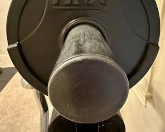 Troy Fitness 255 lb Rubber Grip Plates, shown with Weight Tree and Curl Bar.  